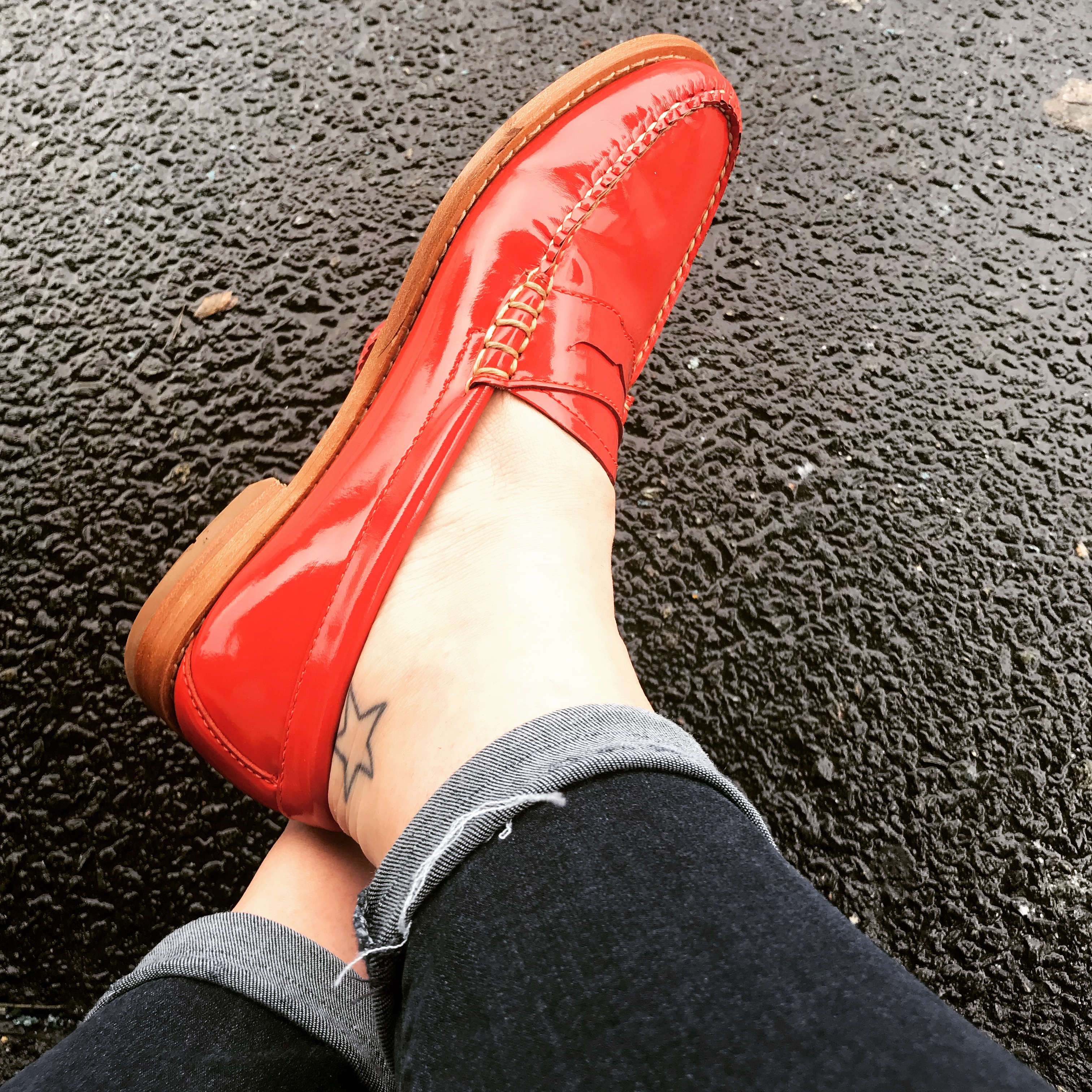 orange penny loafers